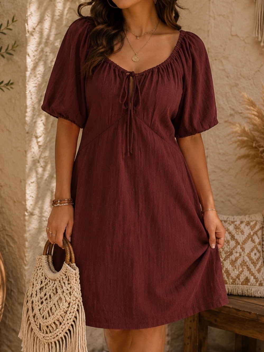 Universal Thread Women's Puff Short Sleeve Mini A-Line Dress maroon small